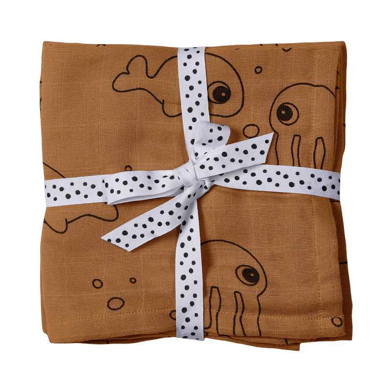 Done by Deer Komplet 2 swaddle pamučne pelene 120×120 Sea friends Mustard